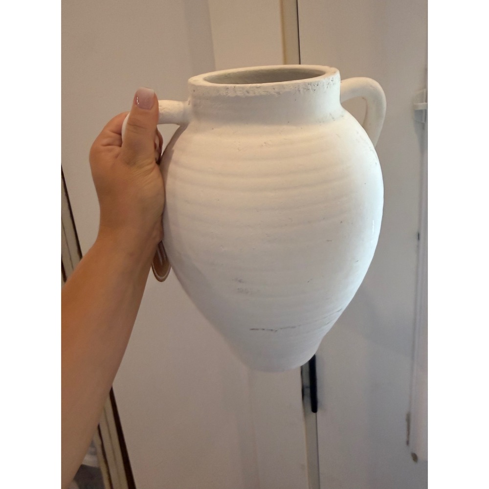JT‎ Rose White Ceramic Amphora Vase Double Handle Rustic Textured Pottery
